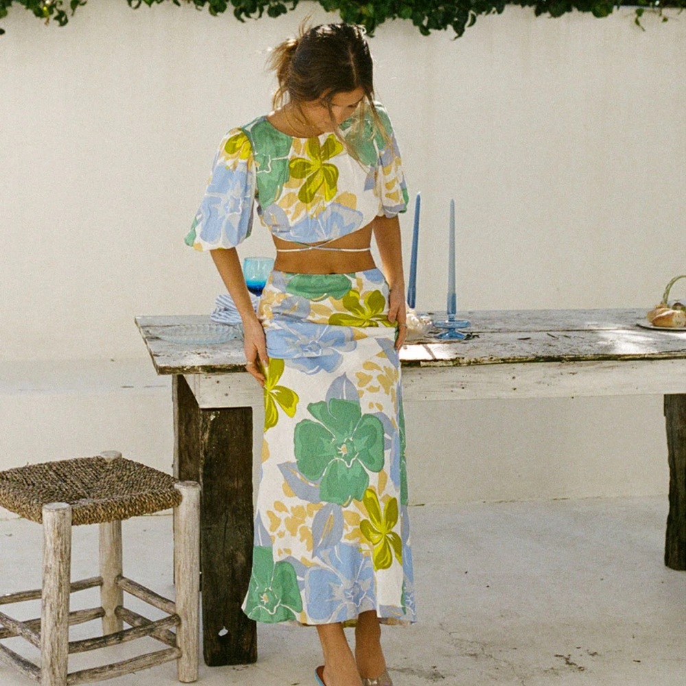Sabo Skirt Green Blue Yellow Floral Maxi Skirt Set